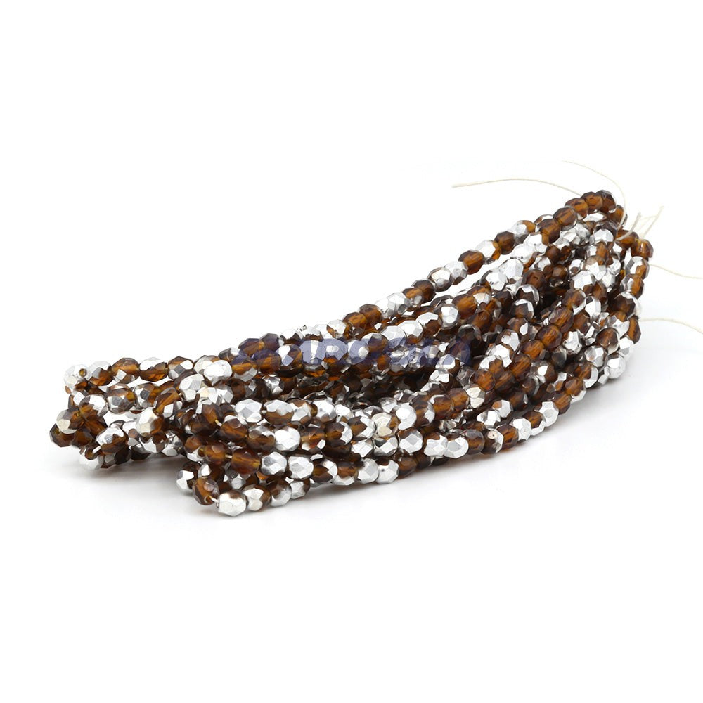 Faceted Czech Glass Fire Polished Beads - Dark Topaz With Half Silver Coating