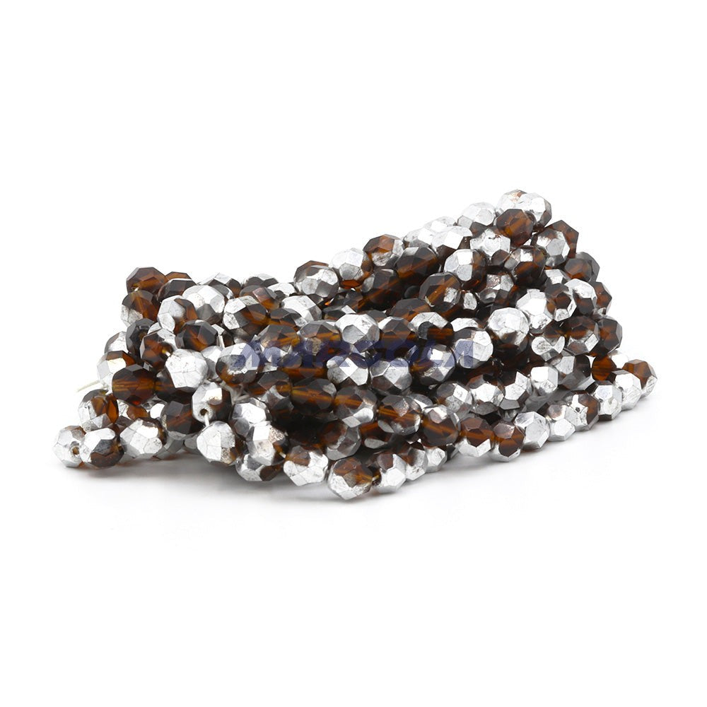 Faceted Czech Glass Fire Polished Beads - Dark Topaz With Half Silver Coating