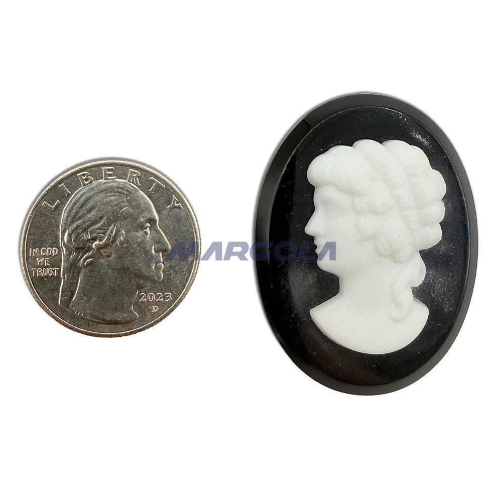 Vintage Glass Oval 40x30mm White On Black