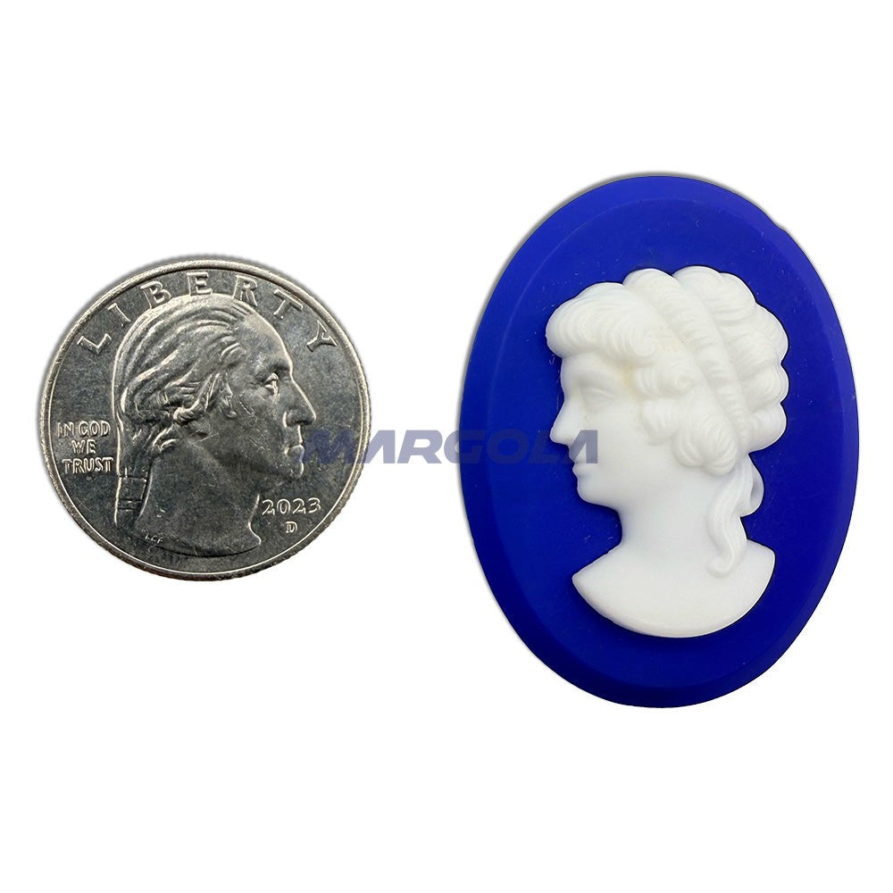 Vintage Glass Oval 40x30mm White On Blue