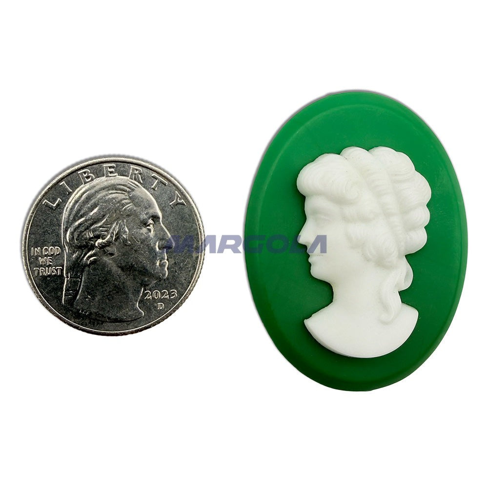 Vintage Glass Oval 40x30mm White On Green
