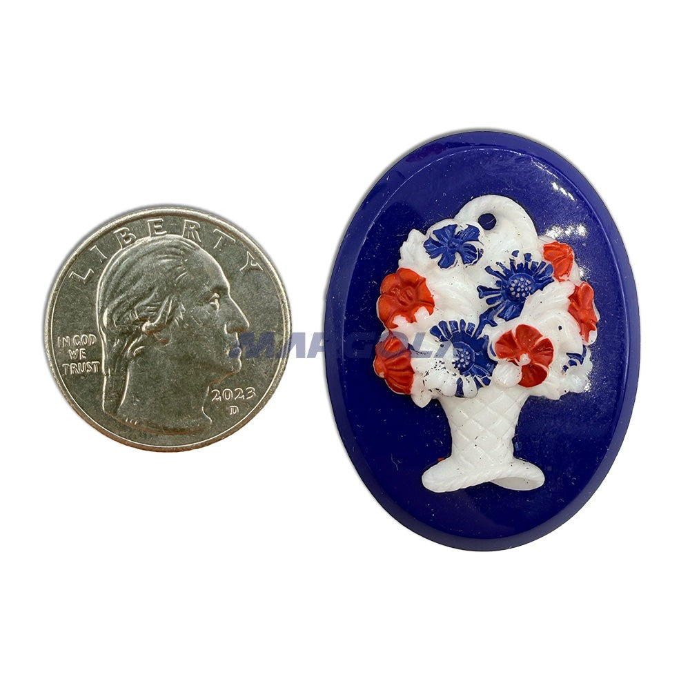 Vintage Glass Oval 40x30mm Colorful Bouquet On Blue