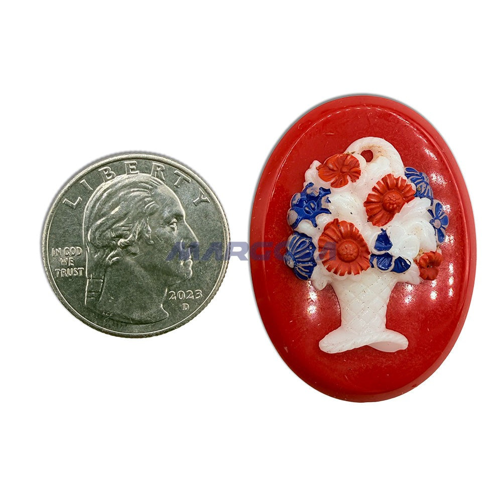 Vintage Glass Oval 40x30mm Colorful Bouquet On Red