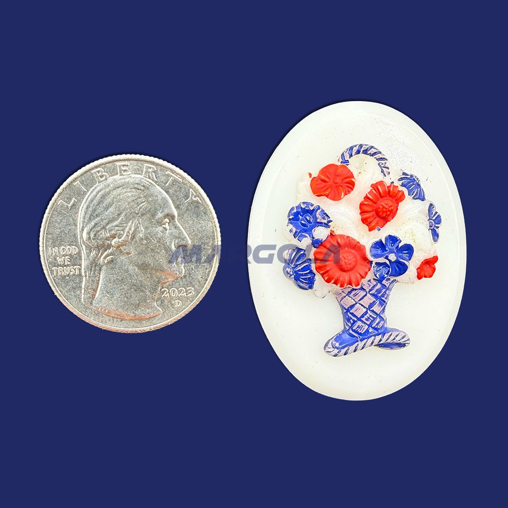 Vintage Glass Oval 40x30mm Colorful Bouquet On White