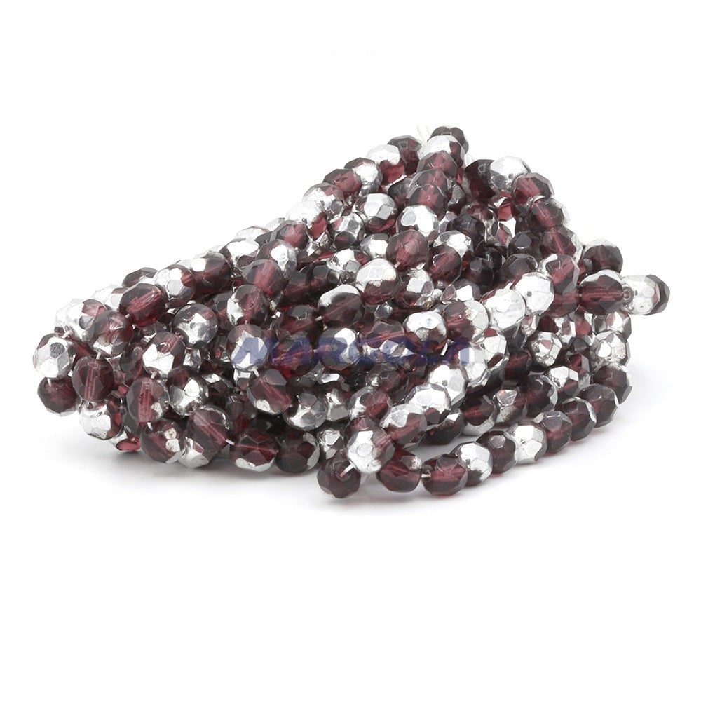 Faceted Czech Glass Fire Polished Beads - Amethyst With Half Silver Coating