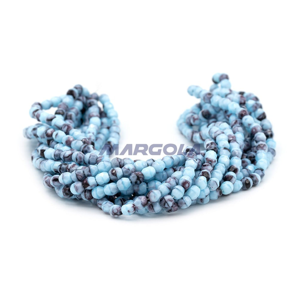 Faceted Czech Glass Fire Polished Agate Color Beads - Blue Turquoise With Black Matrix