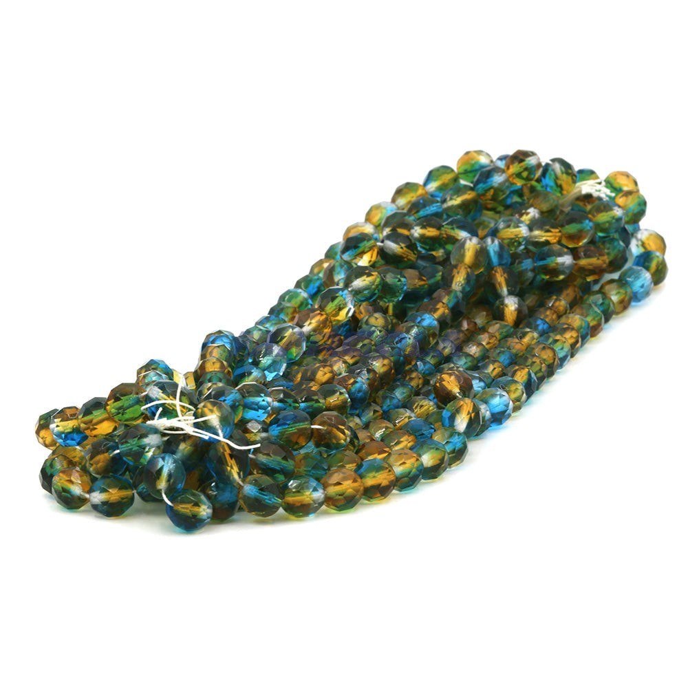 Faceted Czech Glass Fire Polished Multi Color Beads (Crystal, Aqua & Topaz)