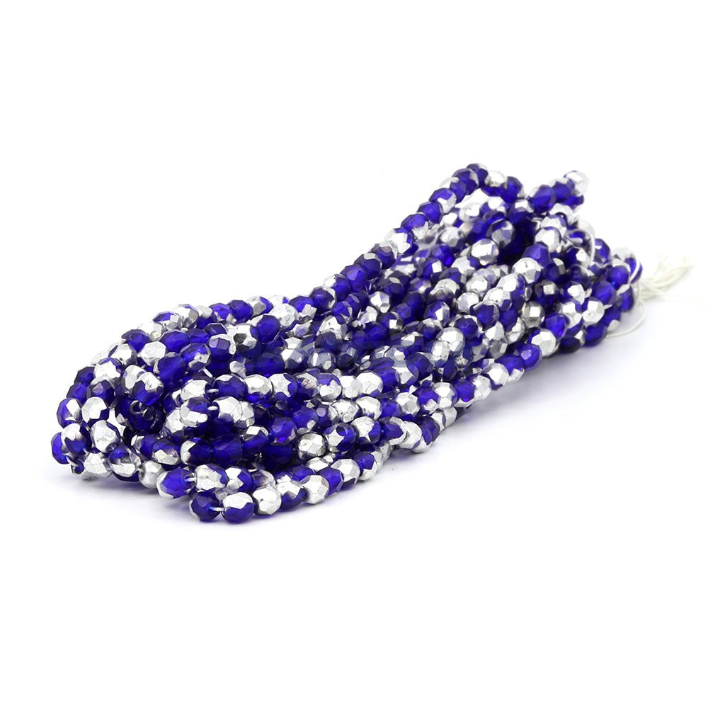 Faceted Czech Glass Fire Polished Beads - Cobalt With Half Silver Coating