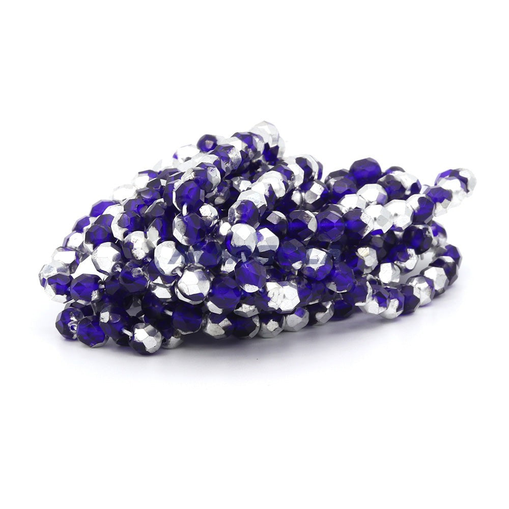 Faceted Czech Glass Fire Polished Beads - Cobalt With Half Silver Coating