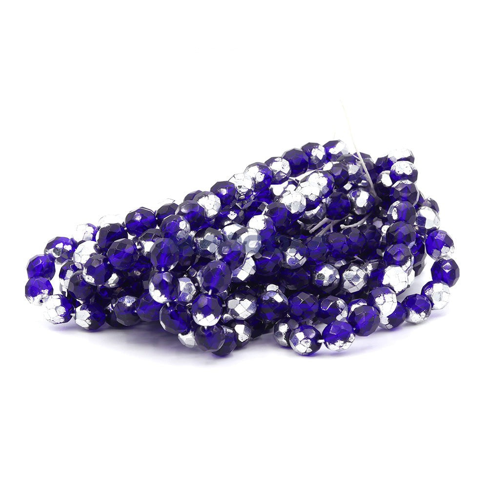 Faceted Czech Glass Fire Polished Beads - Cobalt With Half Silver Coating