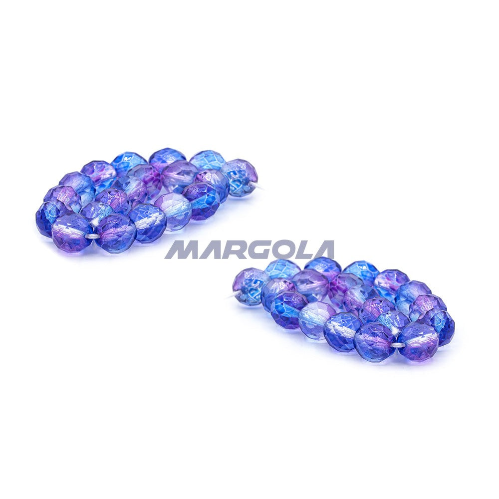 Faceted Czech Glass Fire Polished Multi Color Beads (Crystal, Sapphire & Light Amethyst)