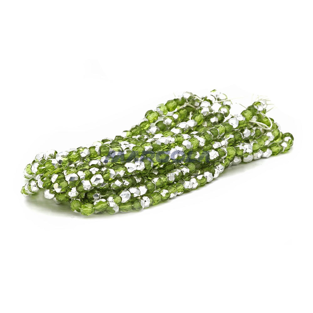 Faceted Czech Glass Fire Polished Beads - Olivine With Half Silver Coating