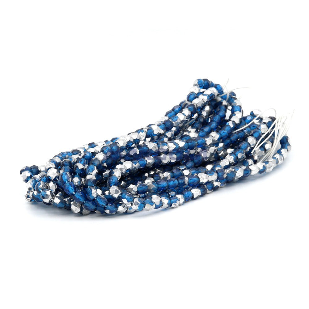 Faceted Czech Glass Fire Polished Beads - Dark Aqua With Half Silver Coating