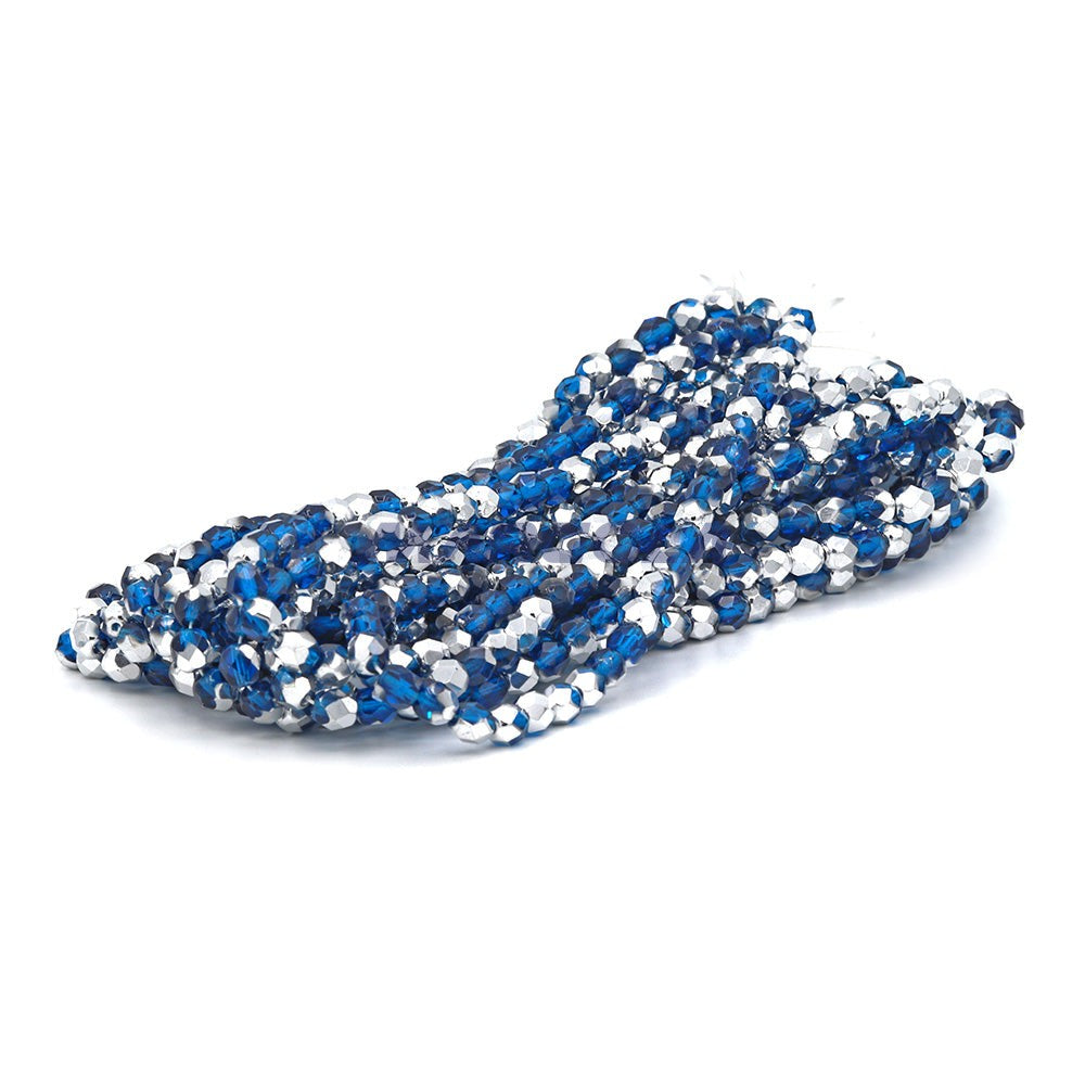 Faceted Czech Glass Fire Polished Beads - Dark Aqua With Half Silver Coating
