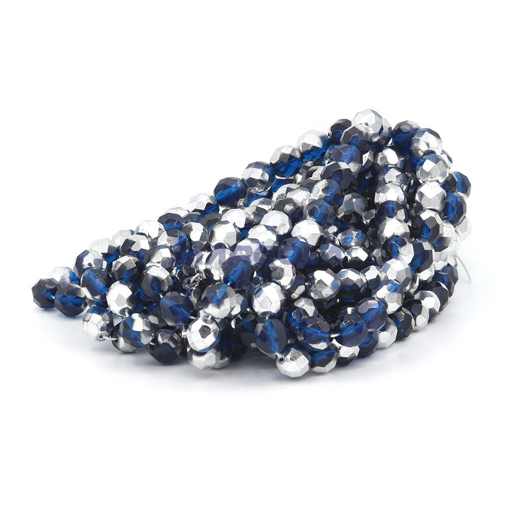 Faceted Czech Glass Fire Polished Beads - Dark Aqua With Half Silver Coating