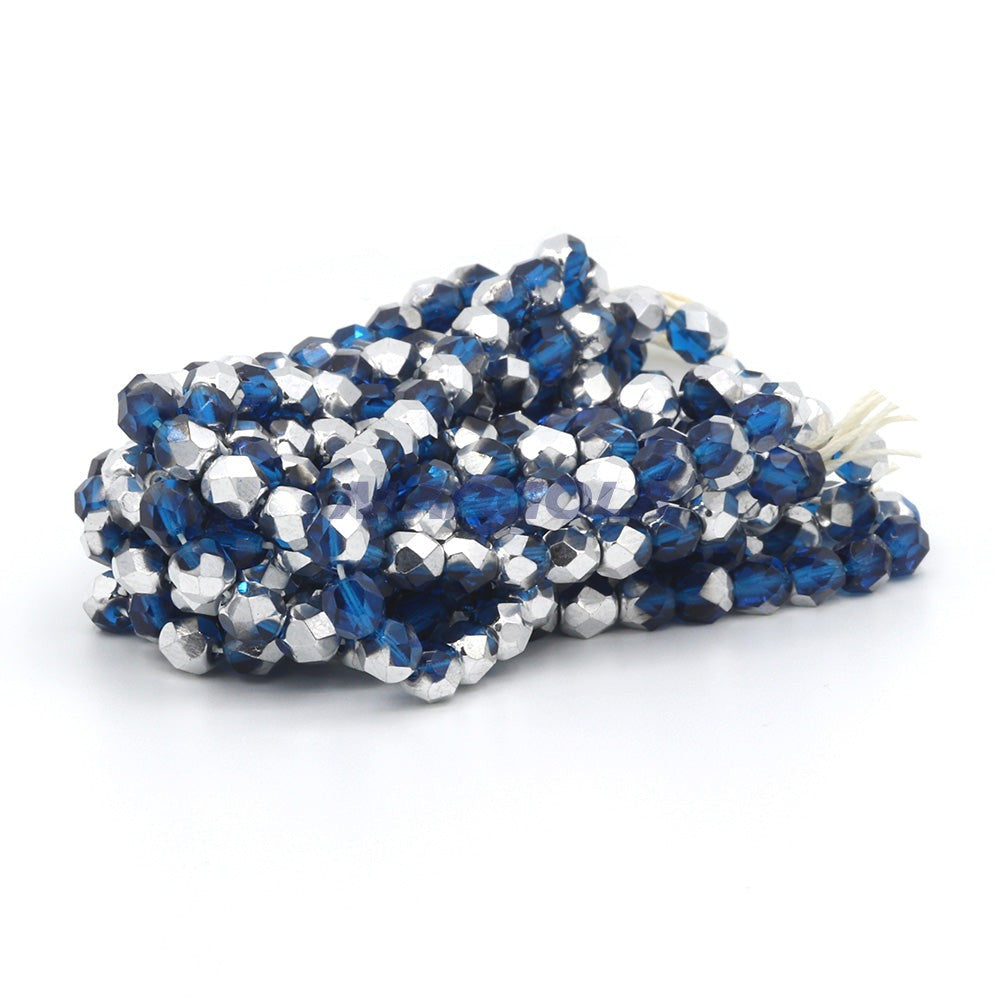 Faceted Czech Glass Fire Polished Beads - Dark Aqua With Half Silver Coating