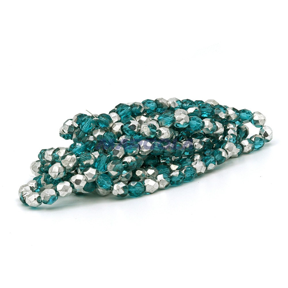 Faceted Czech Glass Fire Polished Beads - Blue Zircon With Half Silver Coating