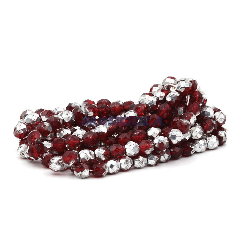 Faceted Czech Glass Fire Polished Beads - Light Siam Ruby With Half Silver Coating