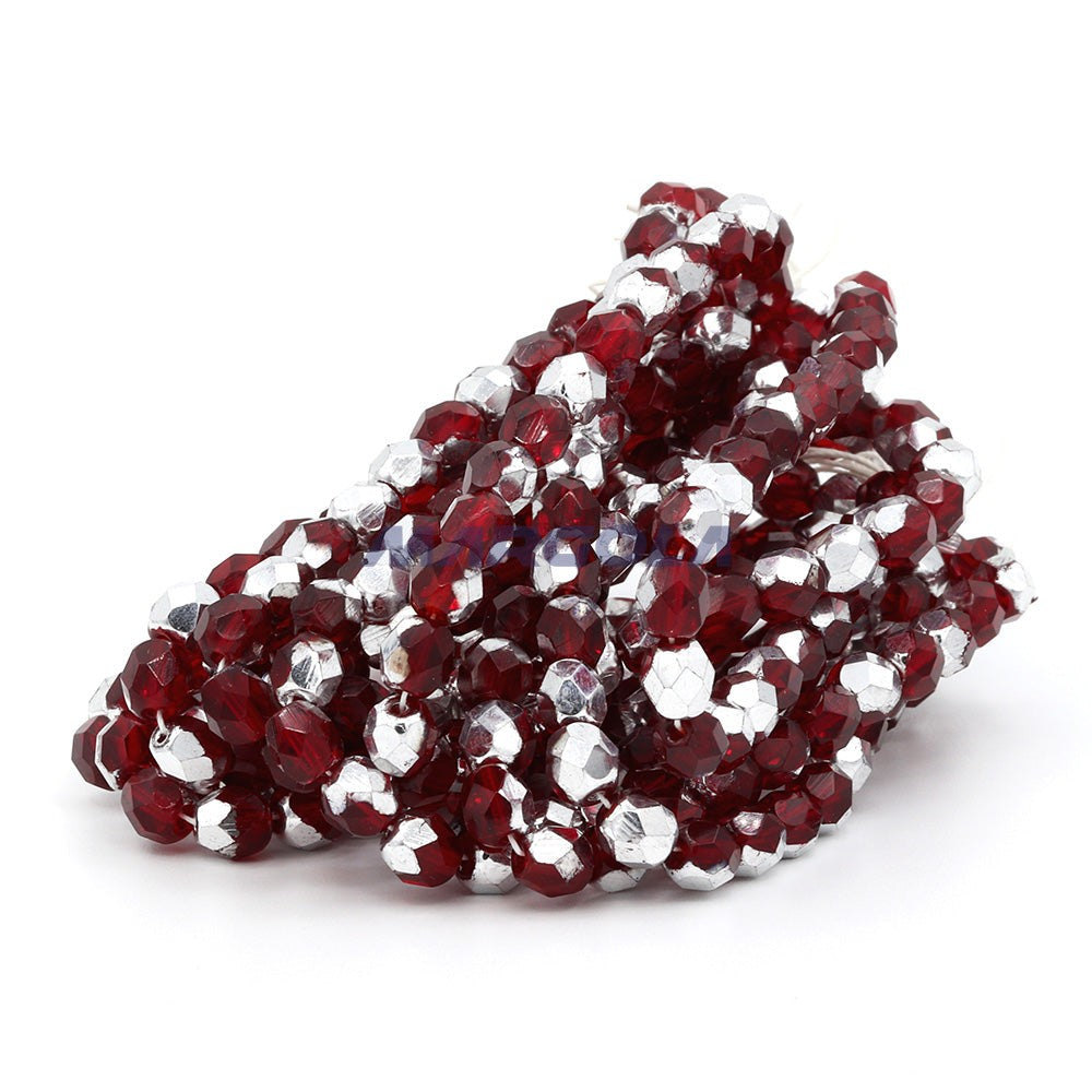 Faceted Czech Glass Fire Polished Beads - Light Siam Ruby With Half Silver Coating