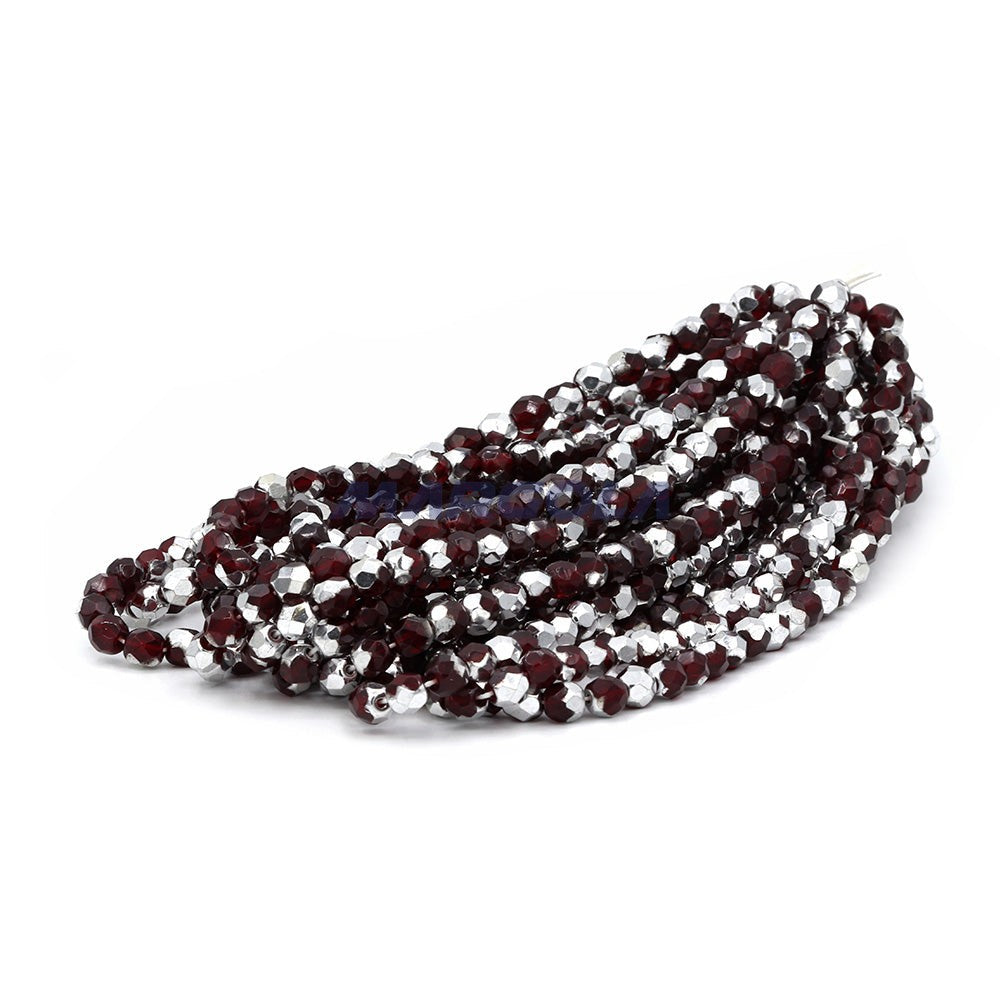 Faceted Czech Glass Fire Polished Beads - Siam Ruby With Half Silver Coating