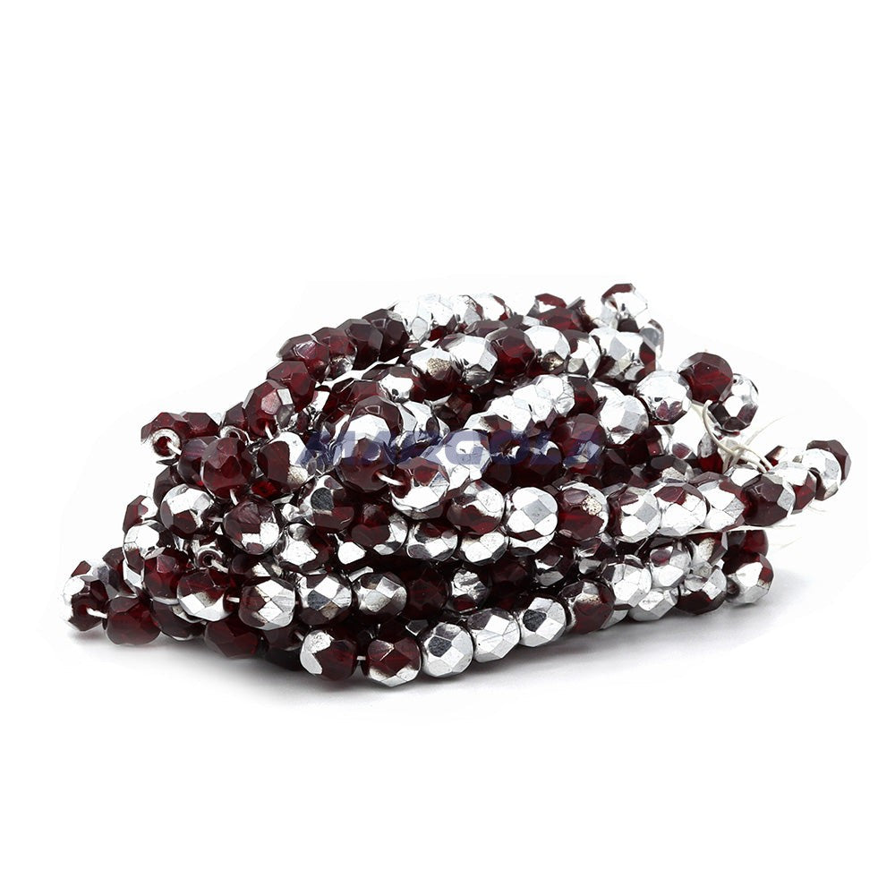 Faceted Czech Glass Fire Polished Beads - Siam Ruby With Half Silver Coating