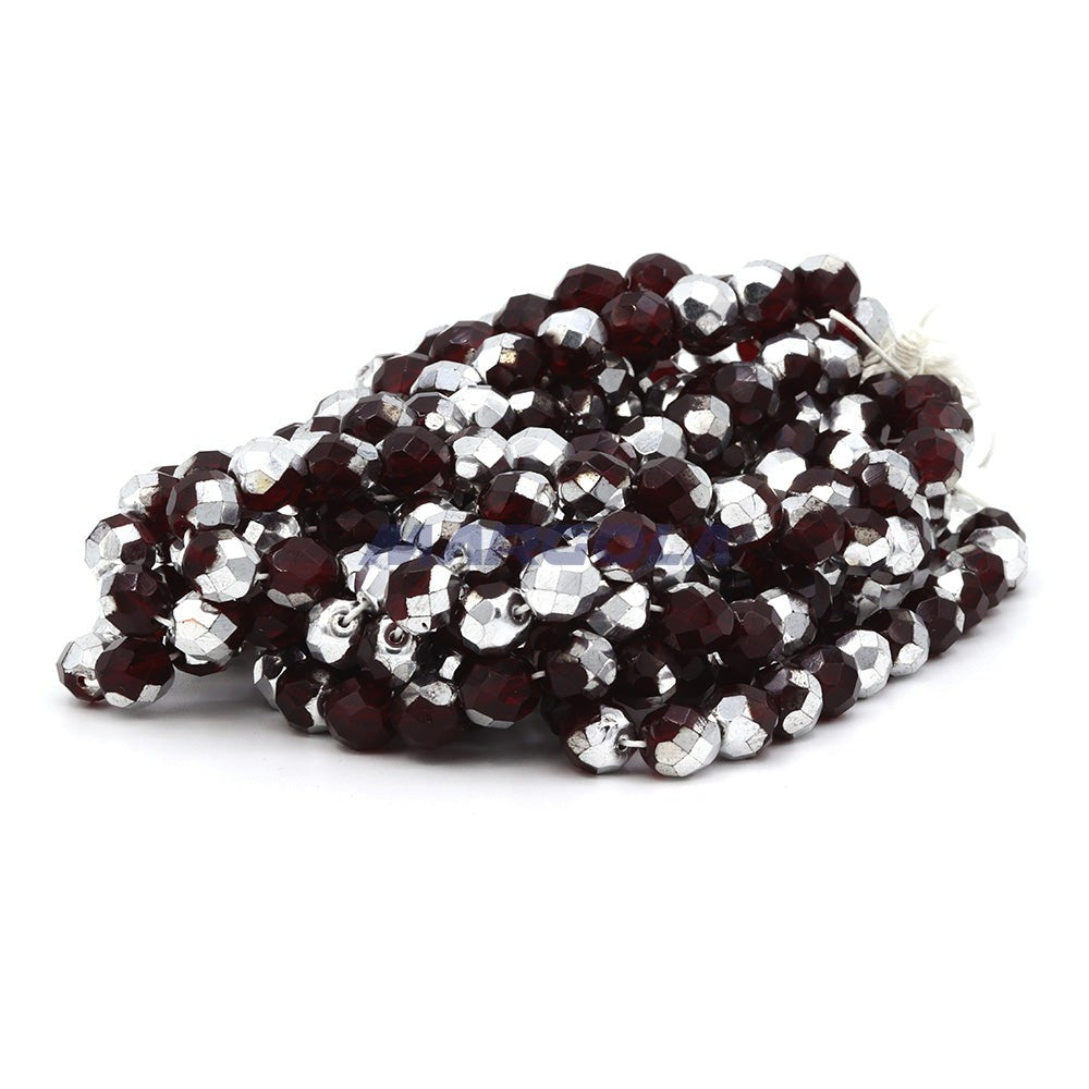 Faceted Czech Glass Fire Polished Beads - Siam Ruby With Half Silver Coating