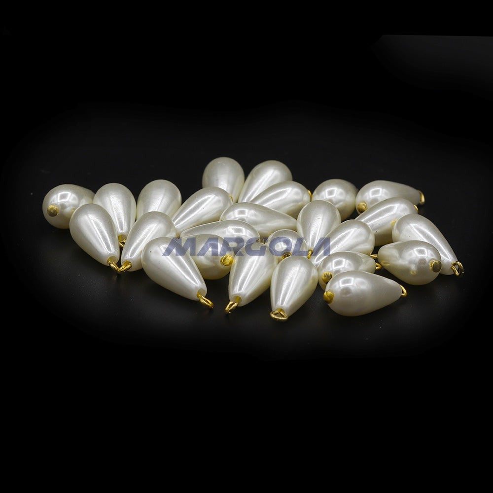 Urea Resin Pearl on Gold Brass Eye Pin Pear Shape 13x7mm White Pearl Luster